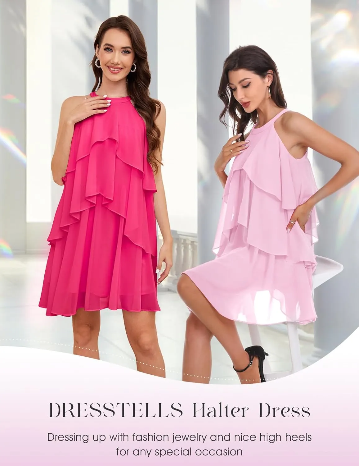 DRESSTELLS Women's Casual Halter Ruffle Tiered Dresses, Beach Wedding Cocktail Party Mini Sundress