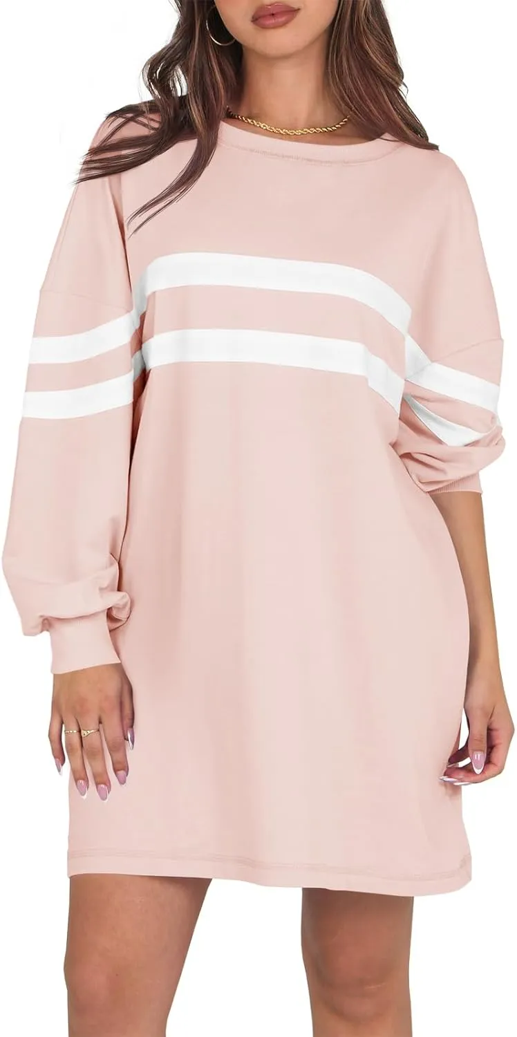 Fisoew Womens Oversized Sweatshirt Long Sleeve Crew Neck Casual Striped Pullover Sweatshirt Dress