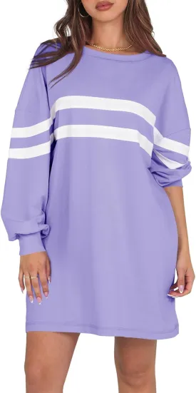 Fisoew Womens Oversized Sweatshirt Long Sleeve Crew Neck Casual Striped Pullover Sweatshirt Dress