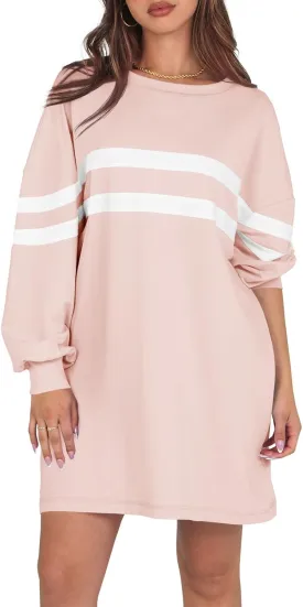 Fisoew Womens Oversized Sweatshirt Long Sleeve Crew Neck Casual Striped Pullover Sweatshirt Dress