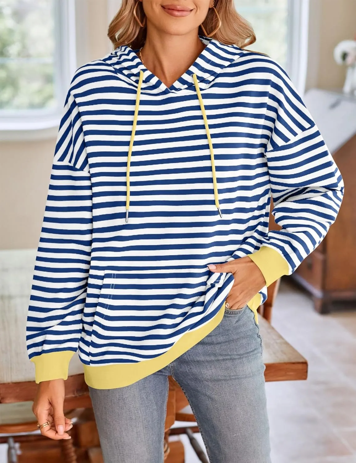 HangNiFang Oversized Striped Sweatshirt for Women Color Block Hoodies Pullover Top Long Sleeve Y2K Clothes