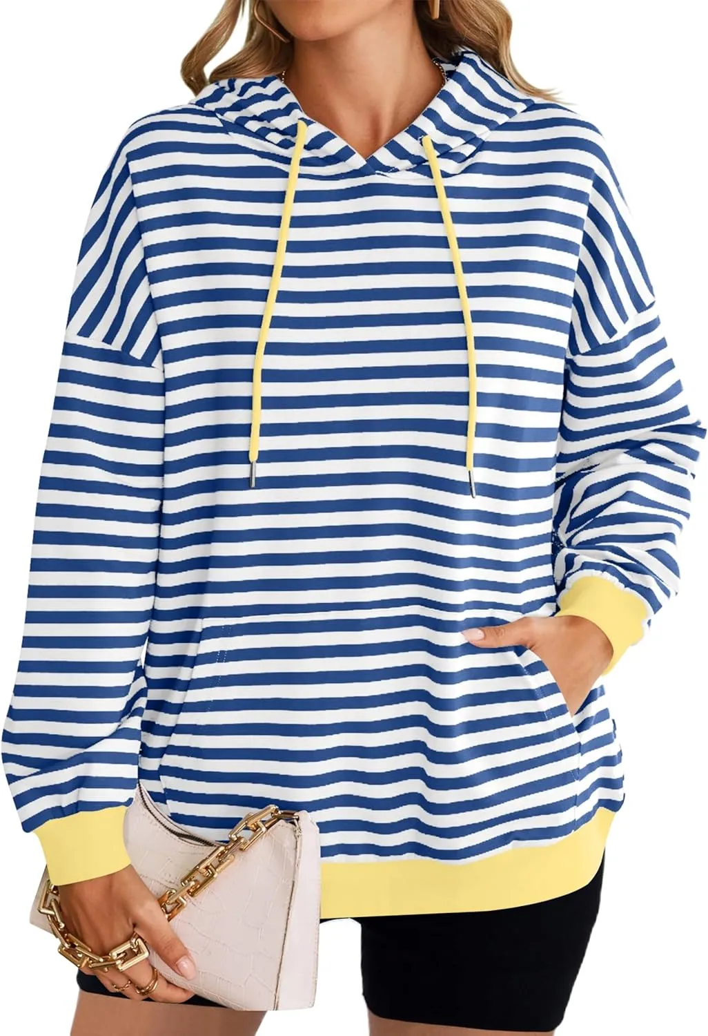 HangNiFang Oversized Striped Sweatshirt for Women Color Block Hoodies Pullover Top Long Sleeve Y2K Clothes