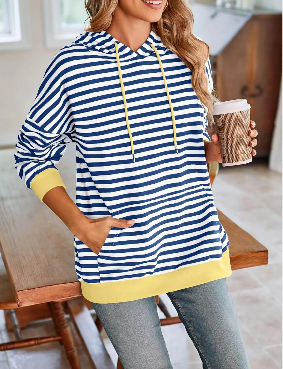 HangNiFang Oversized Striped Sweatshirt for Women Color Block Hoodies Pullover Top Long Sleeve Y2K Clothes