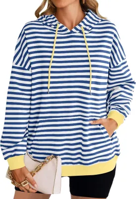 HangNiFang Oversized Striped Sweatshirt for Women Color Block Hoodies Pullover Top Long Sleeve Y2K Clothes