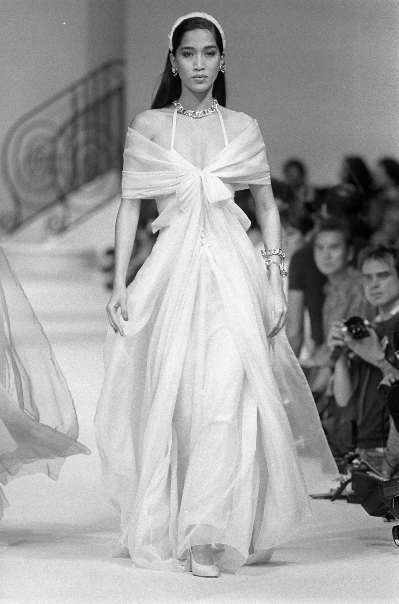 Incredible Spring 1985 Chanel by Karl Lagerfeld Pale Nude Silk Chiffon Dress w Attached Cape