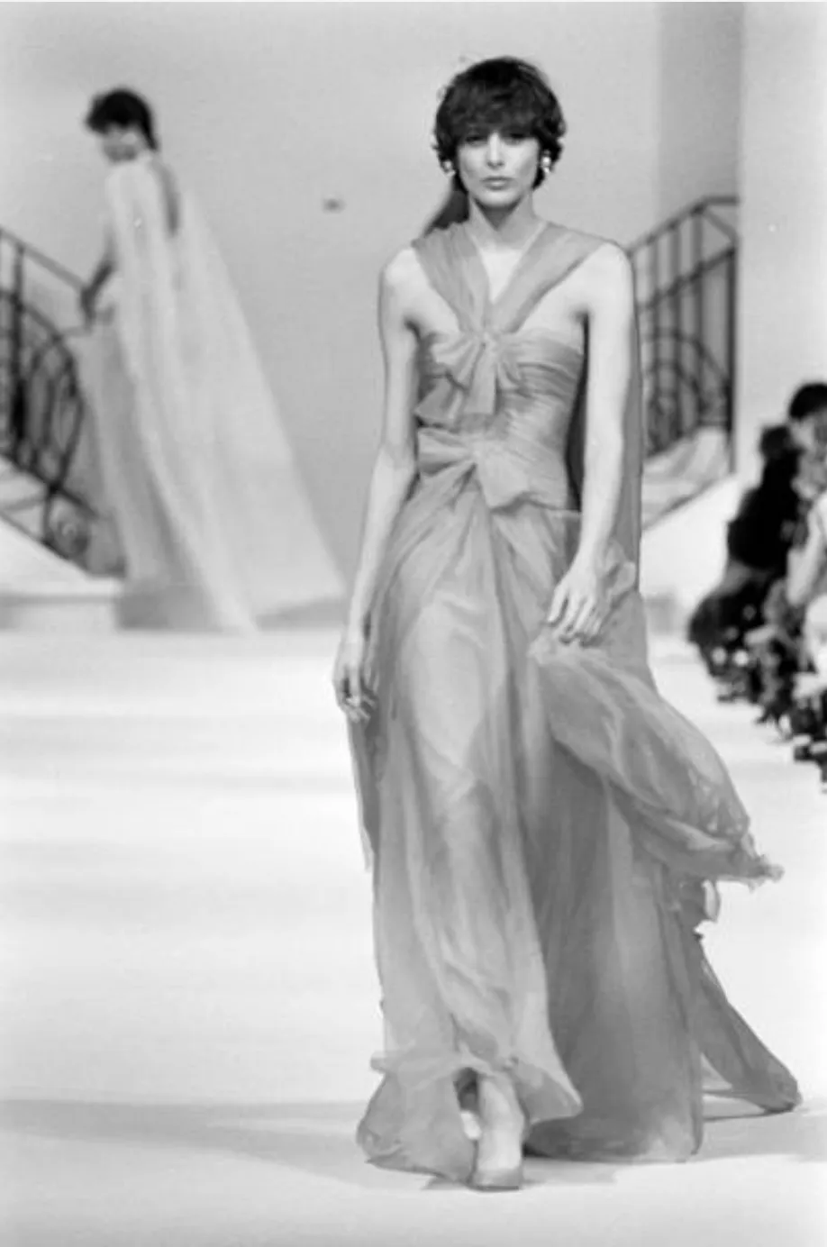 Incredible Spring 1985 Chanel by Karl Lagerfeld Pale Nude Silk Chiffon Dress w Attached Cape