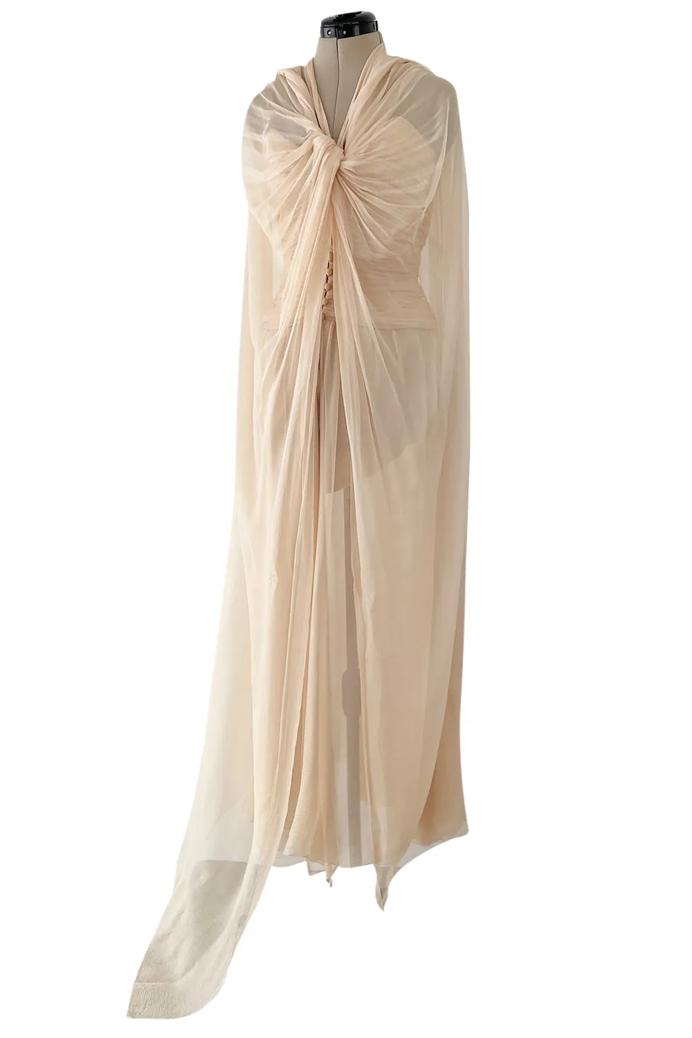 Incredible Spring 1985 Chanel by Karl Lagerfeld Pale Nude Silk Chiffon Dress w Attached Cape