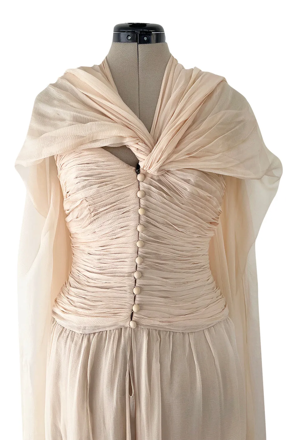 Incredible Spring 1985 Chanel by Karl Lagerfeld Pale Nude Silk Chiffon Dress w Attached Cape