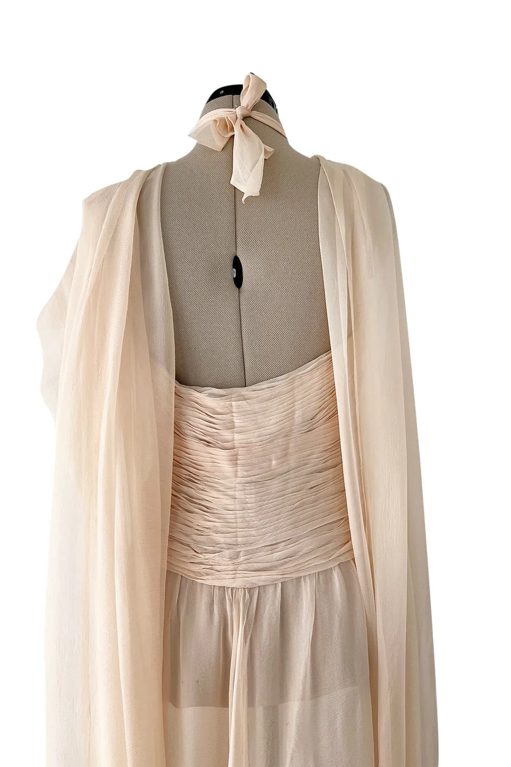 Incredible Spring 1985 Chanel by Karl Lagerfeld Pale Nude Silk Chiffon Dress w Attached Cape