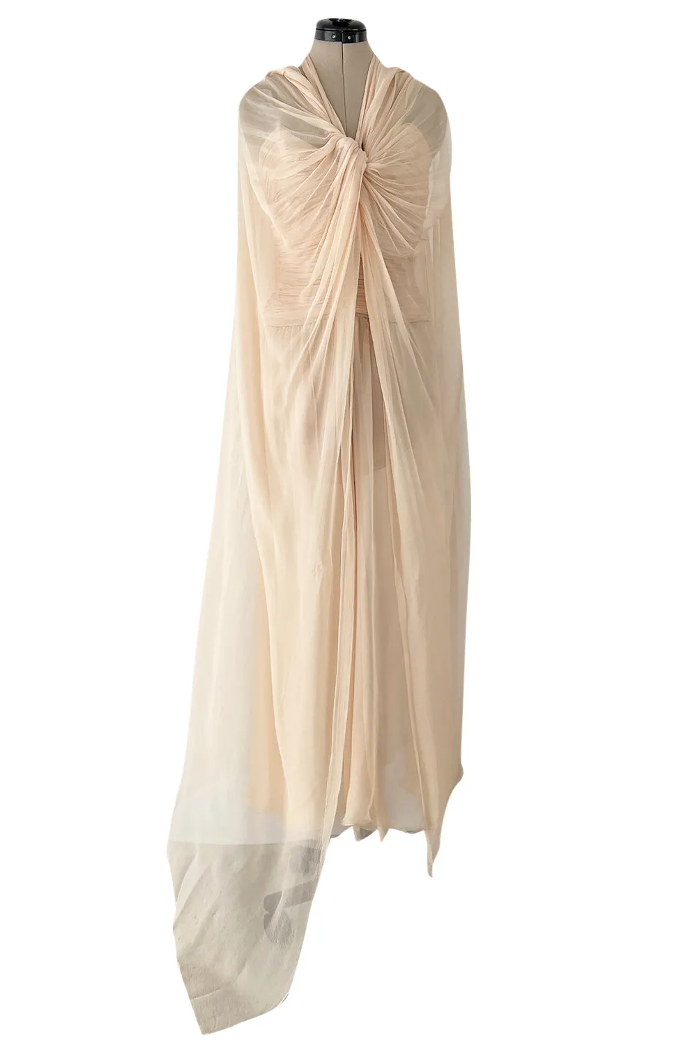 Incredible Spring 1985 Chanel by Karl Lagerfeld Pale Nude Silk Chiffon Dress w Attached Cape