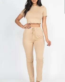 Khaki Secrets Mock Neck Crop Top And Pants Set