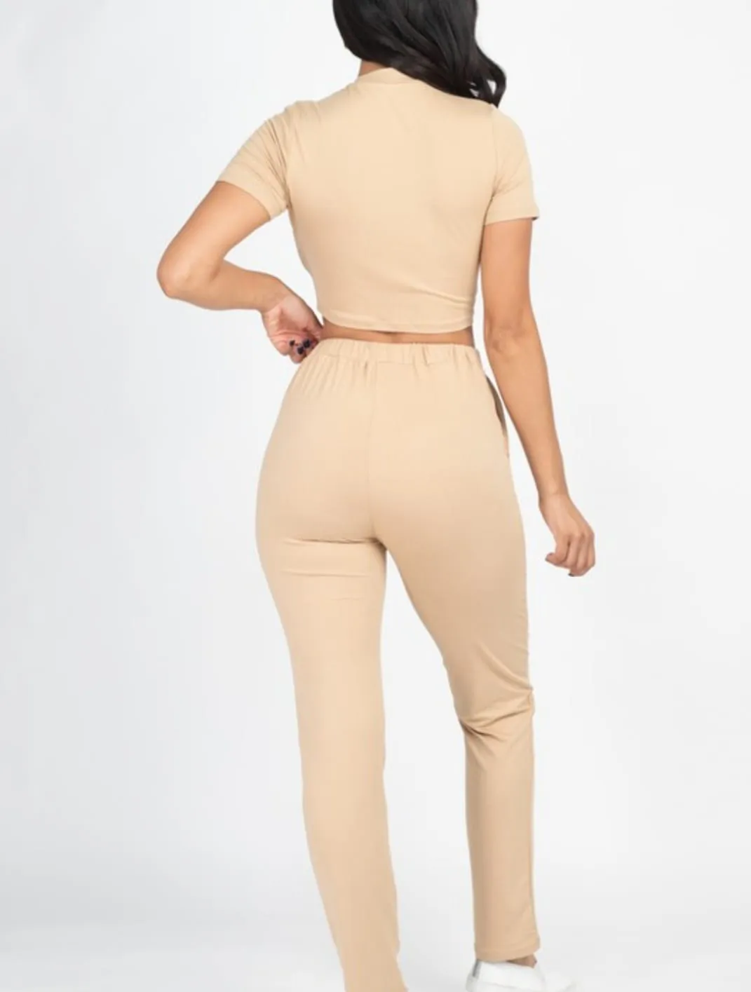 Khaki Secrets Mock Neck Crop Top And Pants Set
