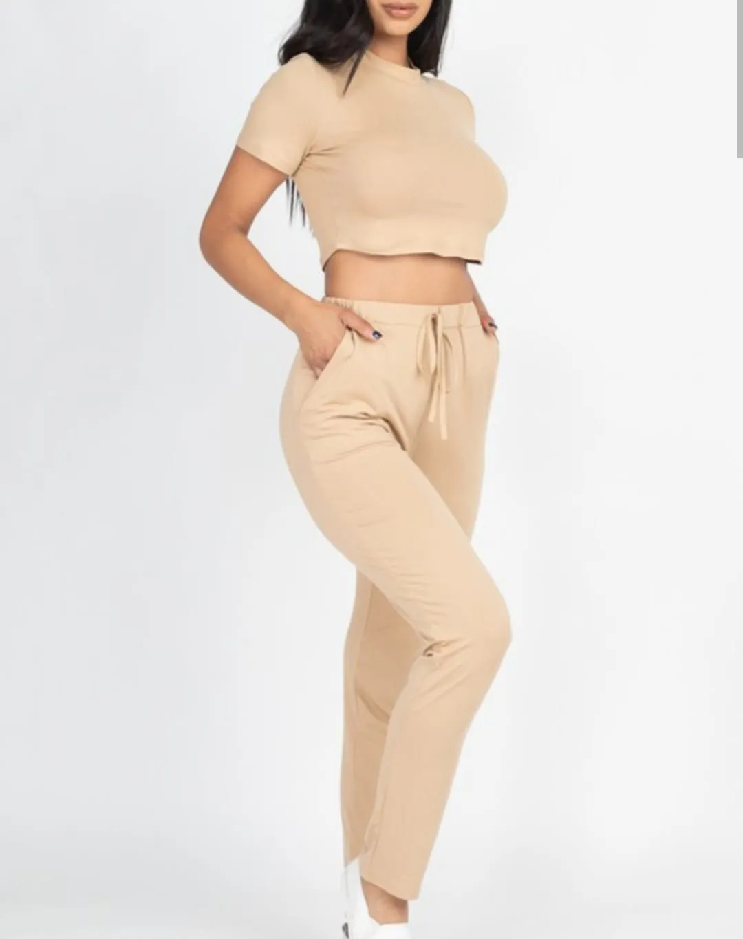 Khaki Secrets Mock Neck Crop Top And Pants Set