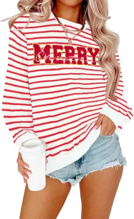 KIDDAD Christmas Sweatshirts for Women Glitter Patch Merry Christmas Letter Print Sweater Embroidered Striped Pullover Tops
