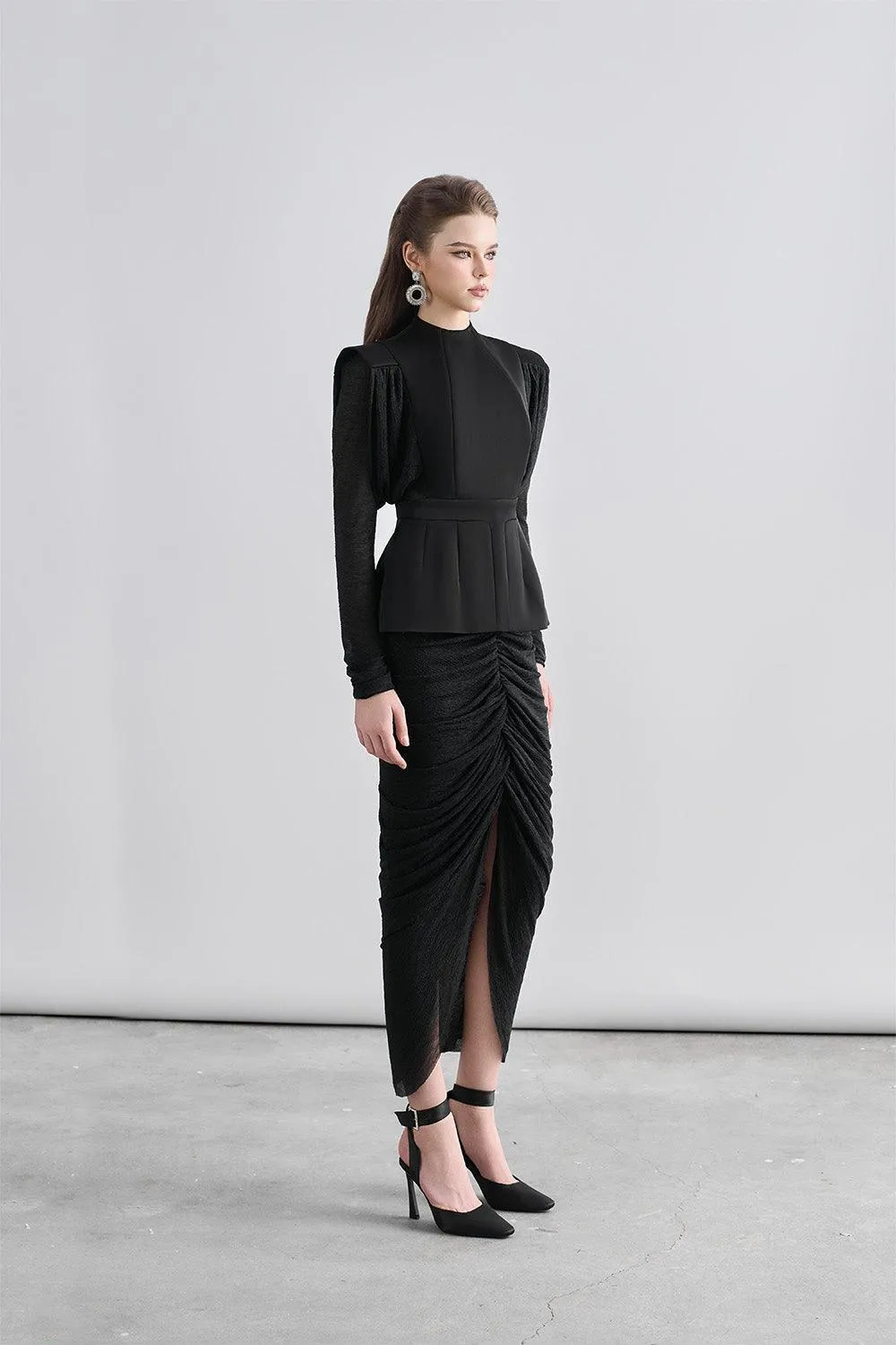 Kyle Peplum Gathered Chanel Midi Dress