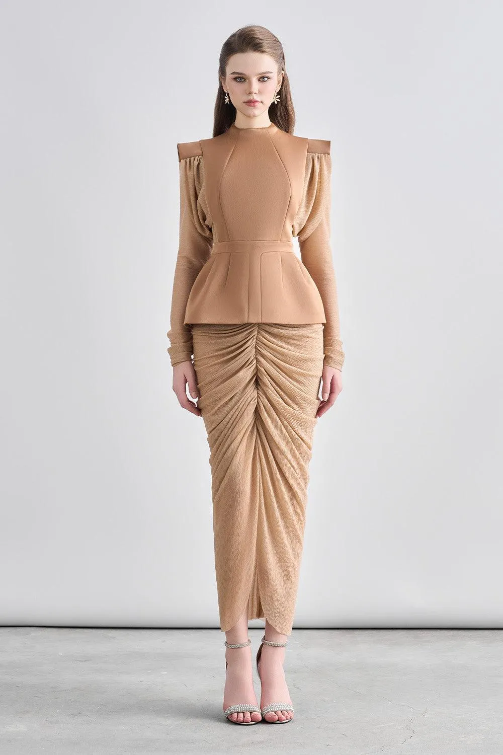 Kyle Peplum Gathered Chanel Midi Dress
