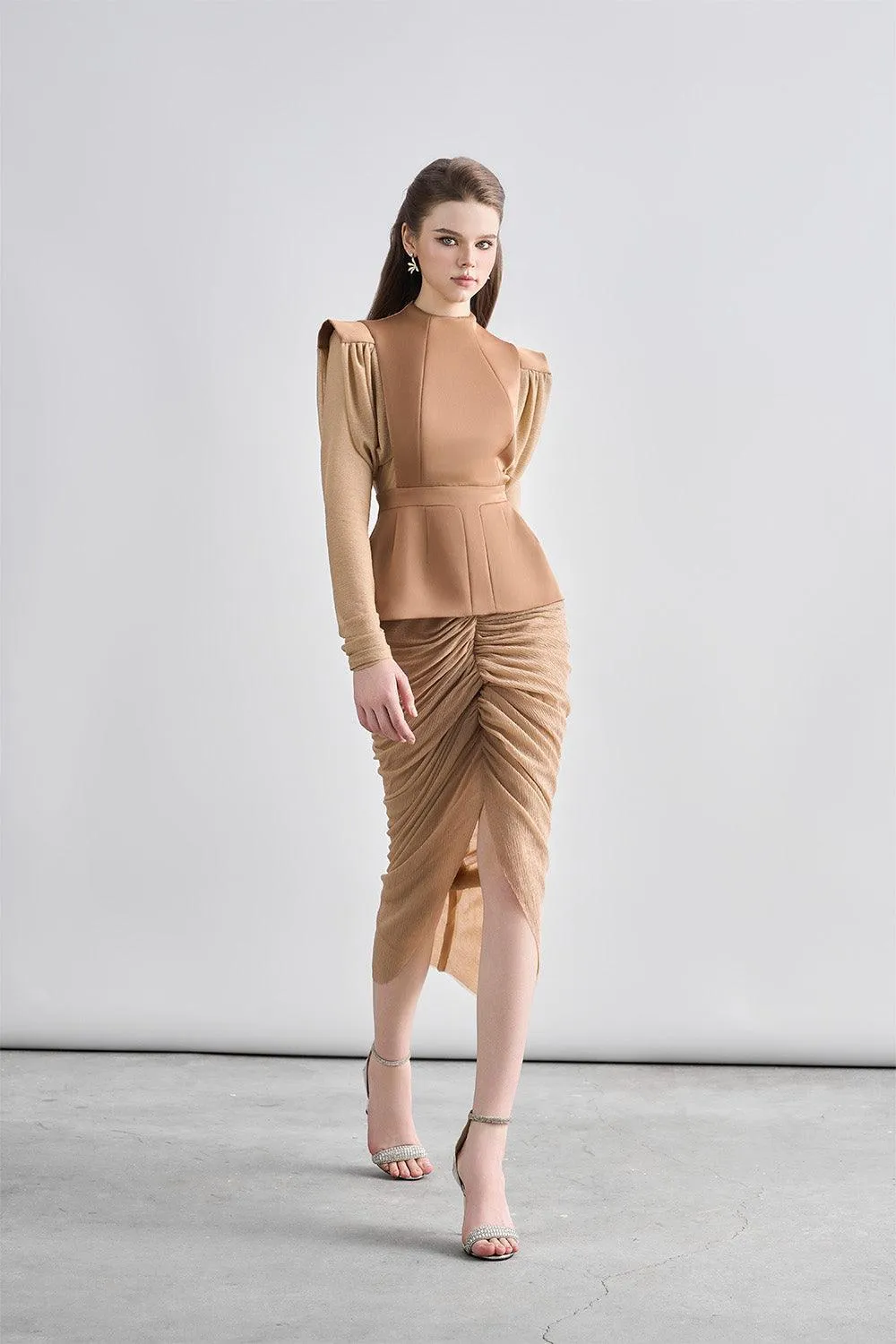 Kyle Peplum Gathered Chanel Midi Dress