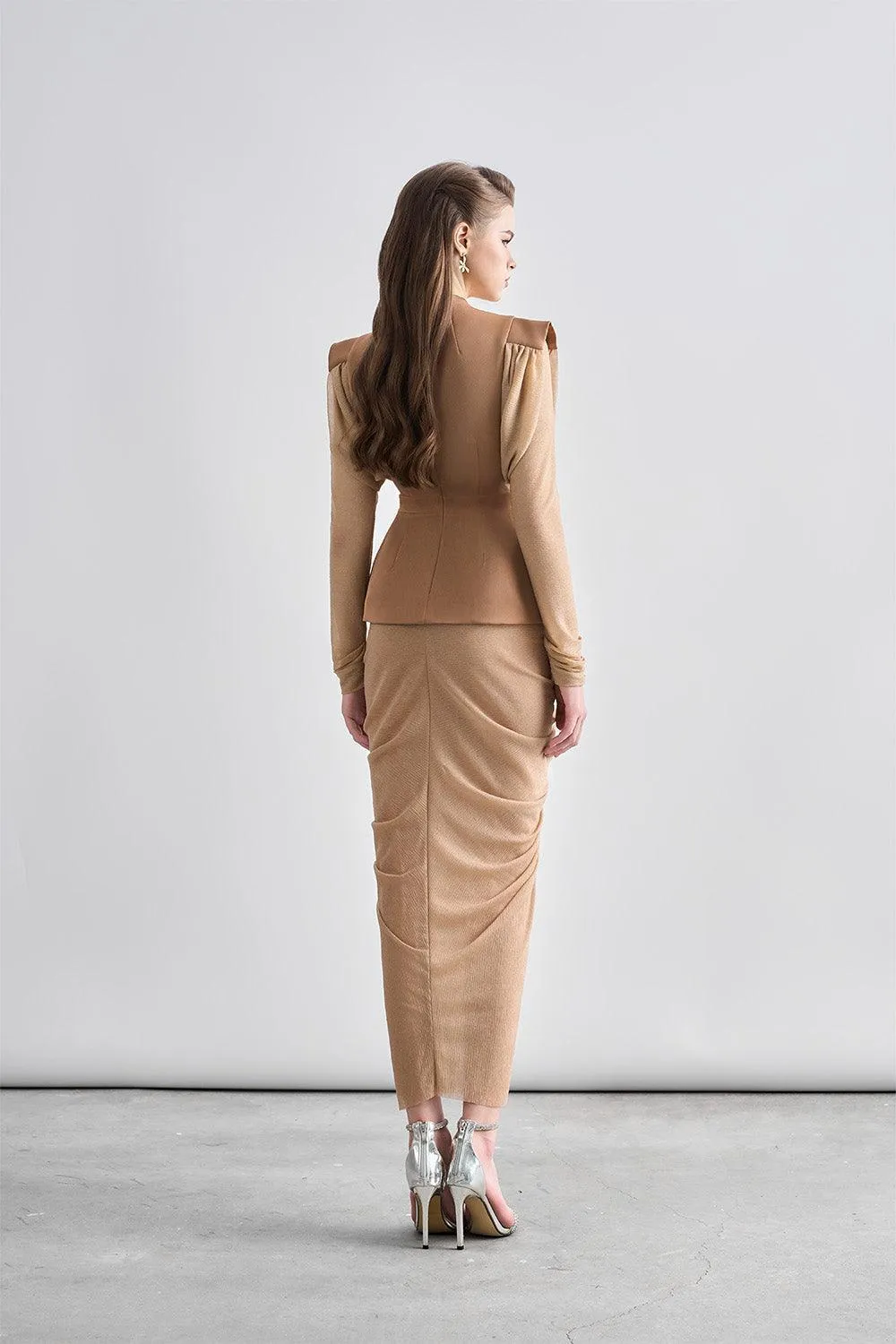 Kyle Peplum Gathered Chanel Midi Dress