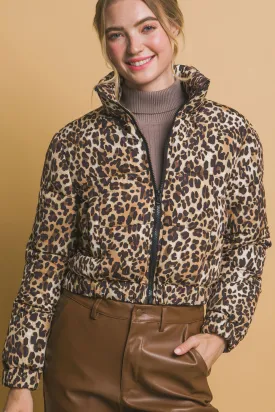 Leopard Print Bomber Puffer Jacket