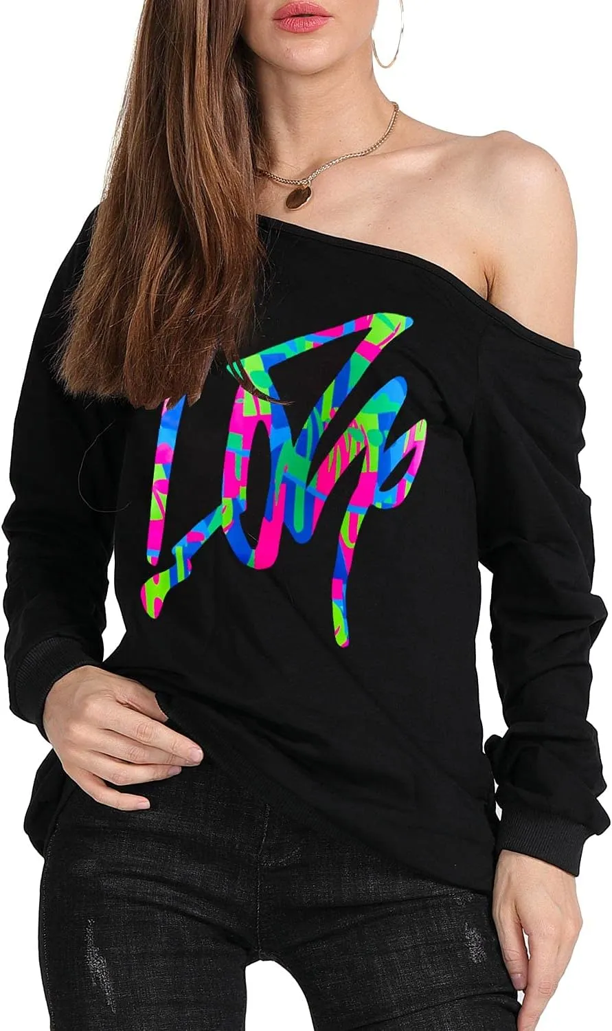 MAGICMK Womans Sweatershirt Lips Print Causal Blouse Off The Shoulder Long Sleeve Loose Slouchy Pullover Plus Size Tops