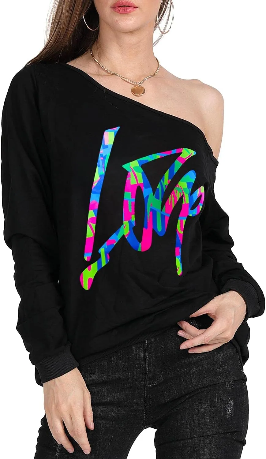MAGICMK Womans Sweatershirt Lips Print Causal Blouse Off The Shoulder Long Sleeve Loose Slouchy Pullover Plus Size Tops