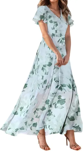 Maxi Dresses for Women,2025 Summer Trendy Floral Boho Dress,Casual V Neck Short Sleeve Chiffon Flowy Beach Dress