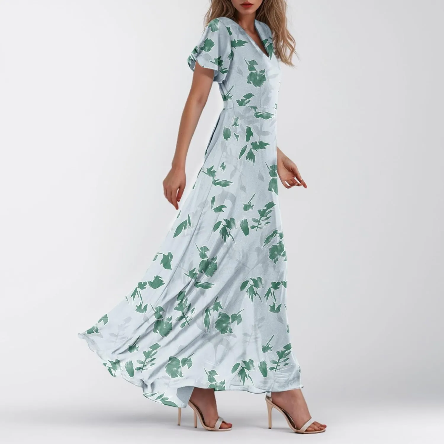 Maxi Dresses for Women,2025 Summer Trendy Floral Boho Dress,Casual V Neck Short Sleeve Chiffon Flowy Beach Dress