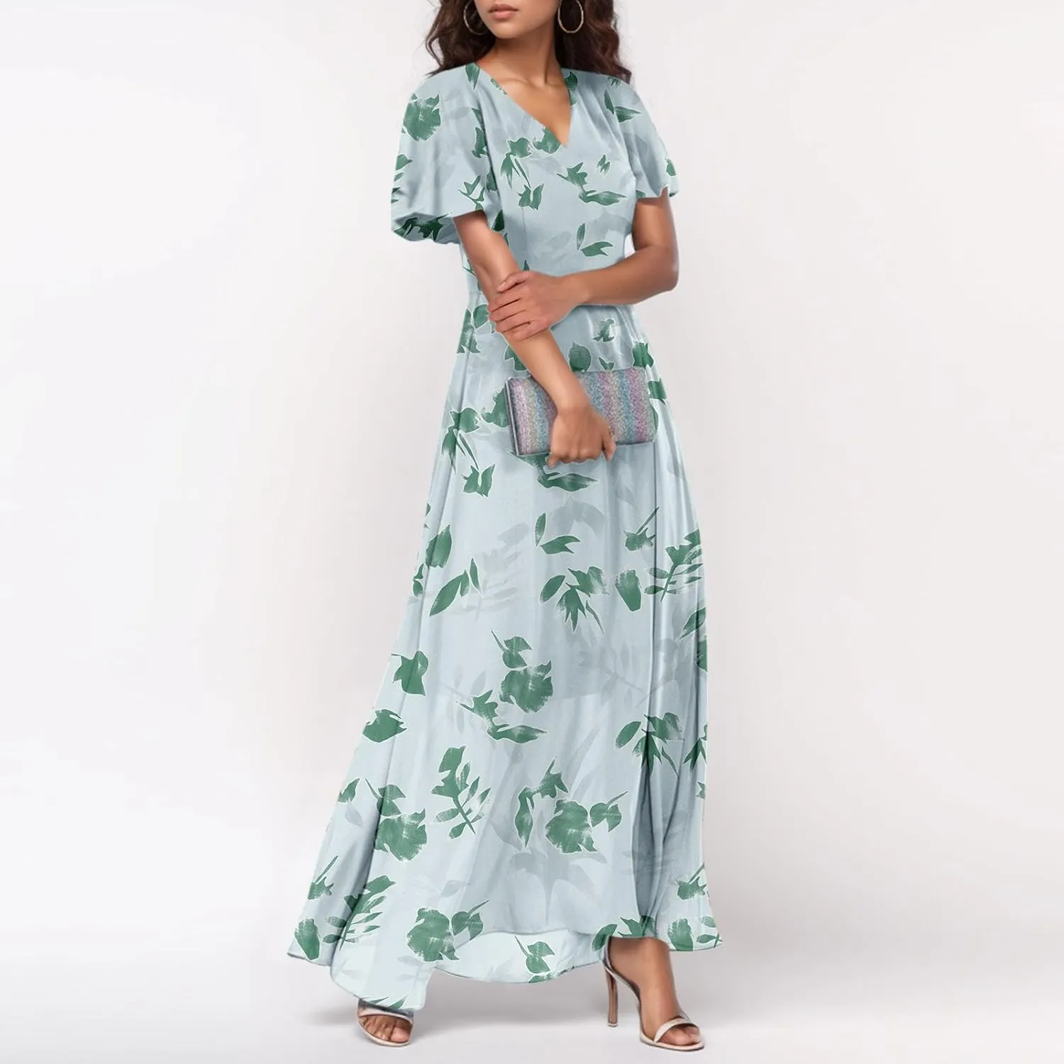 Maxi Dresses for Women,2025 Summer Trendy Floral Boho Dress,Casual V Neck Short Sleeve Chiffon Flowy Beach Dress