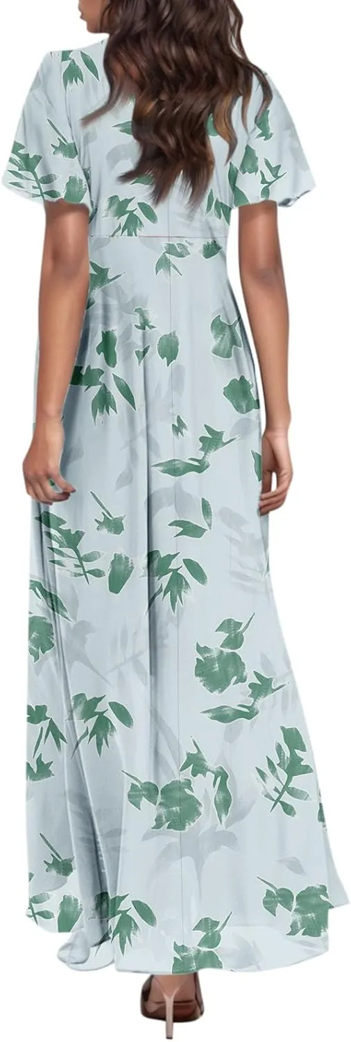 Maxi Dresses for Women,2025 Summer Trendy Floral Boho Dress,Casual V Neck Short Sleeve Chiffon Flowy Beach Dress