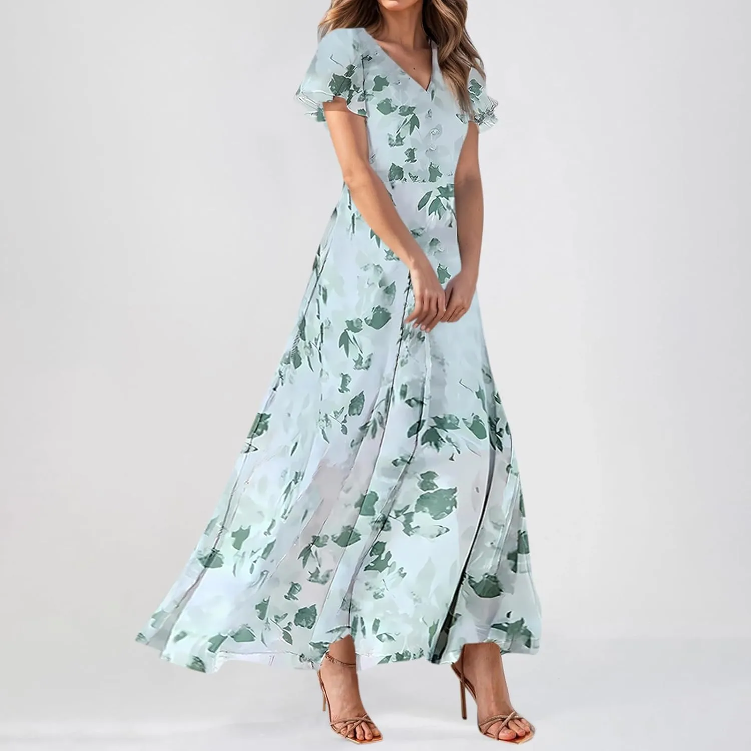 Maxi Dresses for Women,2025 Summer Trendy Floral Boho Dress,Casual V Neck Short Sleeve Chiffon Flowy Beach Dress
