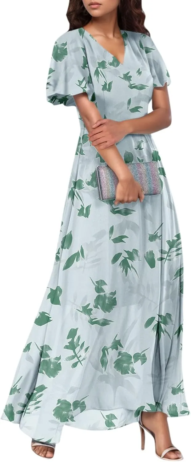 Maxi Dresses for Women,2025 Summer Trendy Floral Boho Dress,Casual V Neck Short Sleeve Chiffon Flowy Beach Dress