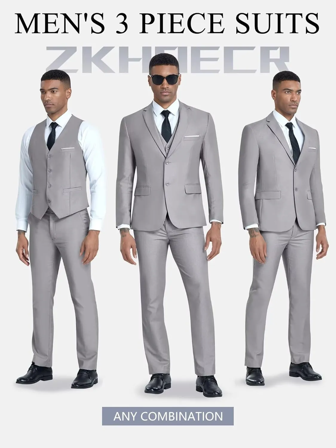 Men's 3 Piece Slim Fit Suit Set, Two Button Blazer Solid Jacket Vest Pants Wedding Business Suit