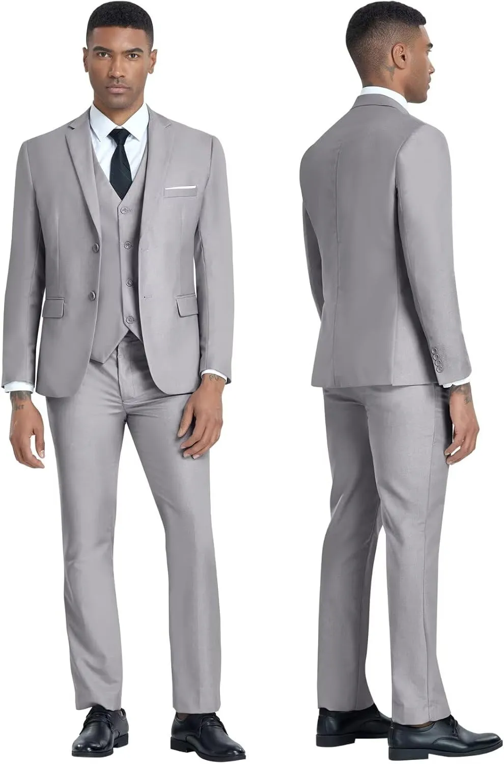 Men's 3 Piece Slim Fit Suit Set, Two Button Blazer Solid Jacket Vest Pants Wedding Business Suit
