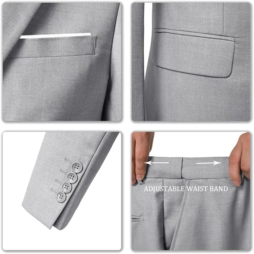 Men's 3 Piece Slim Fit Suit Set, Two Button Blazer Solid Jacket Vest Pants Wedding Business Suit