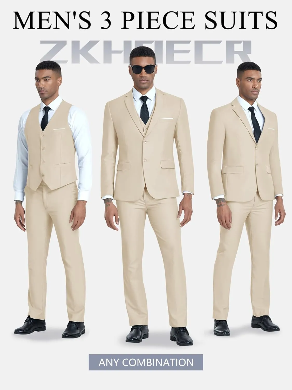 Men's 3 Piece Slim Fit Suit Set, Two Button Blazer Solid Jacket Vest Pants Wedding Business Suit