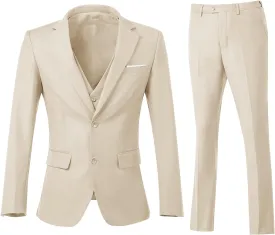 Men's 3 Piece Slim Fit Suit Set, Two Button Blazer Solid Jacket Vest Pants Wedding Business Suit