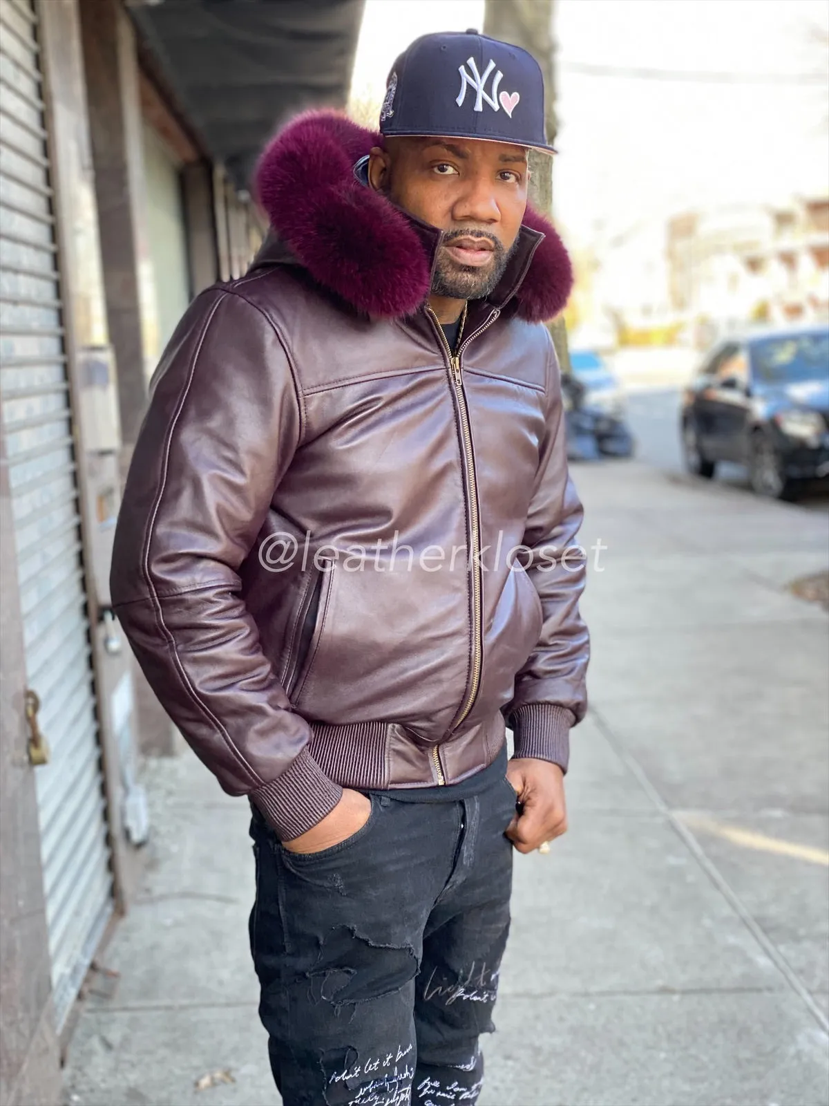 Men's Classic Baseball Jacket With Fox Hood [Wine]