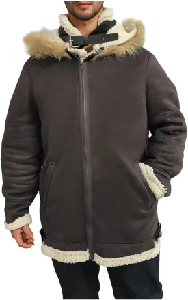 Men's Faux Leather Jacket Cozy Sherpa Fleece Lined Bomber Jackets Winter Suede Trench Coat with Faux Fur Trim Hood