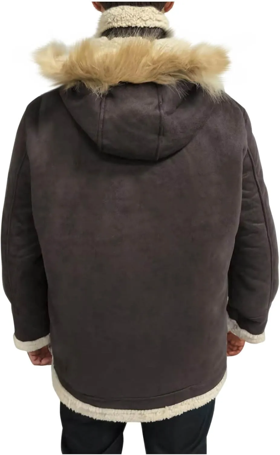 Men's Faux Leather Jacket Cozy Sherpa Fleece Lined Bomber Jackets Winter Suede Trench Coat with Faux Fur Trim Hood