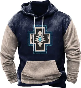 Men's Hooded Sweatshirt American Flag Print Long Sleeve Pullover Sweatshirt Vintage Tribal Aztec Graphic Hoodie Tops