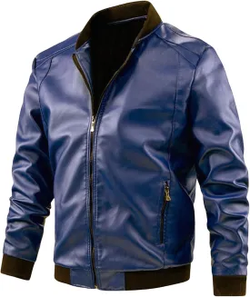 Mens Lightweight Faux Leather Bomber Jacket Padded Windbreaker with Hood for Motorcycle Bikers