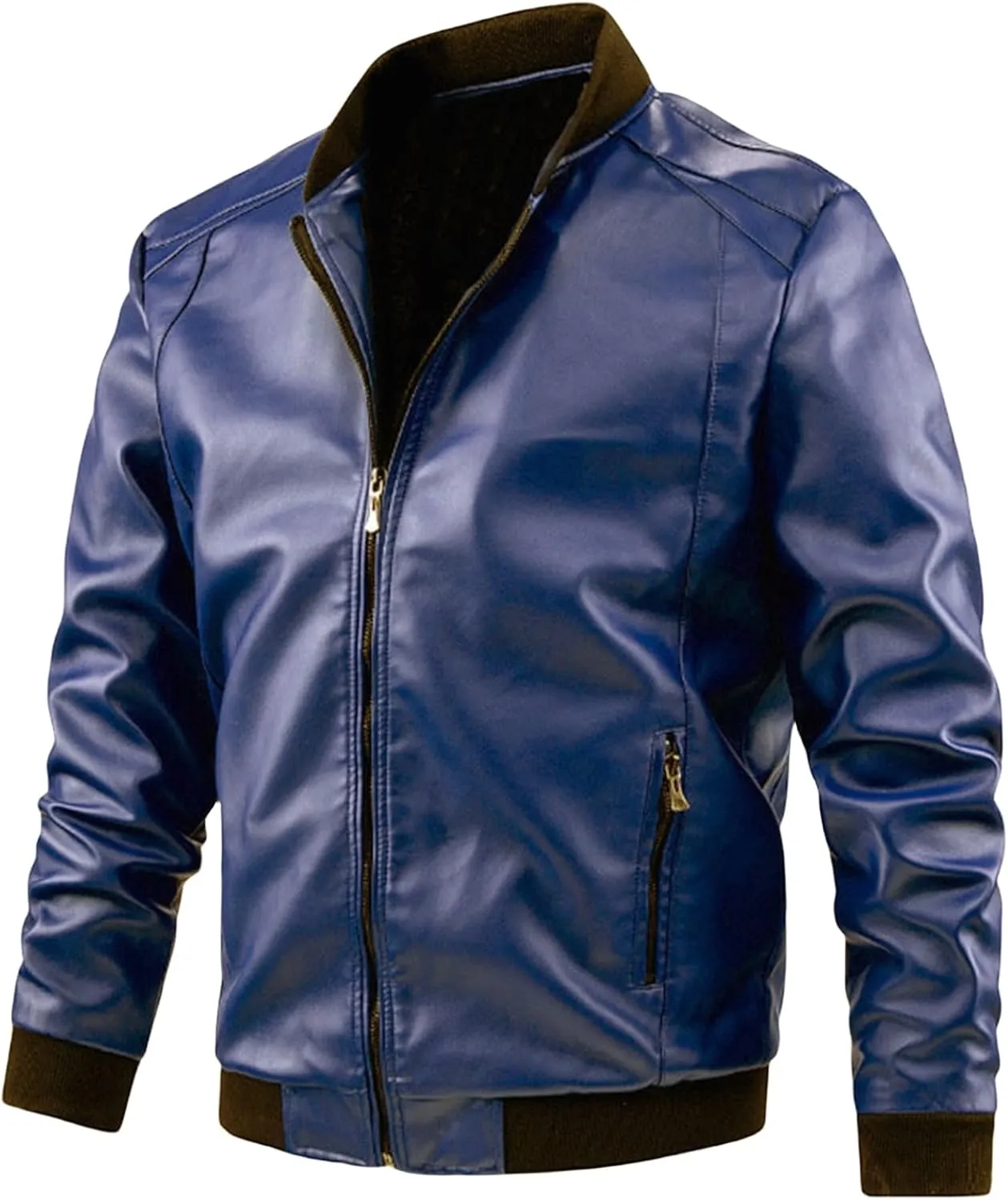 Mens Lightweight Faux Leather Bomber Jacket Padded Windbreaker with Hood for Motorcycle Bikers