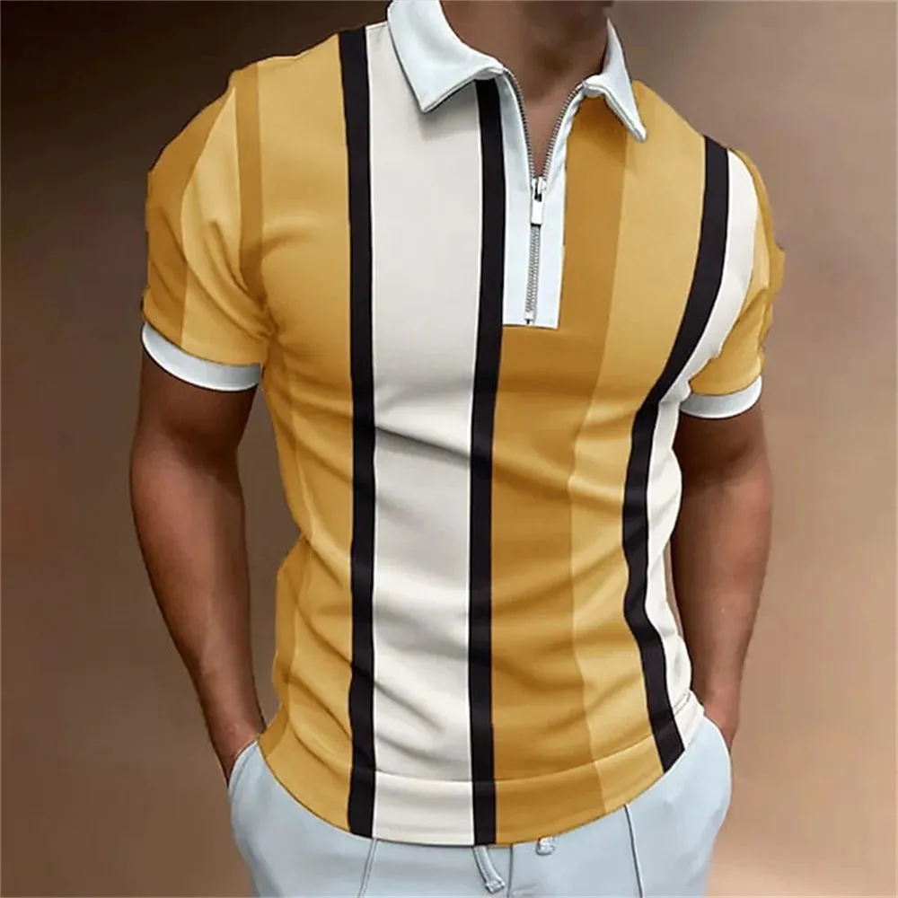 Men's Striped Short Sleeve Polo Shirt-Casual Summer Tops