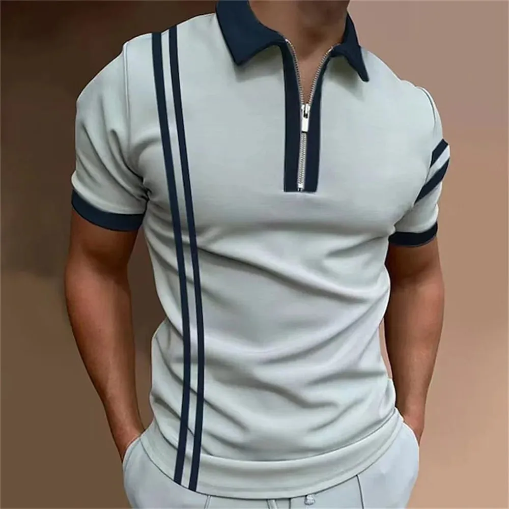 Men's Striped Short Sleeve Polo Shirt-Casual Summer Tops