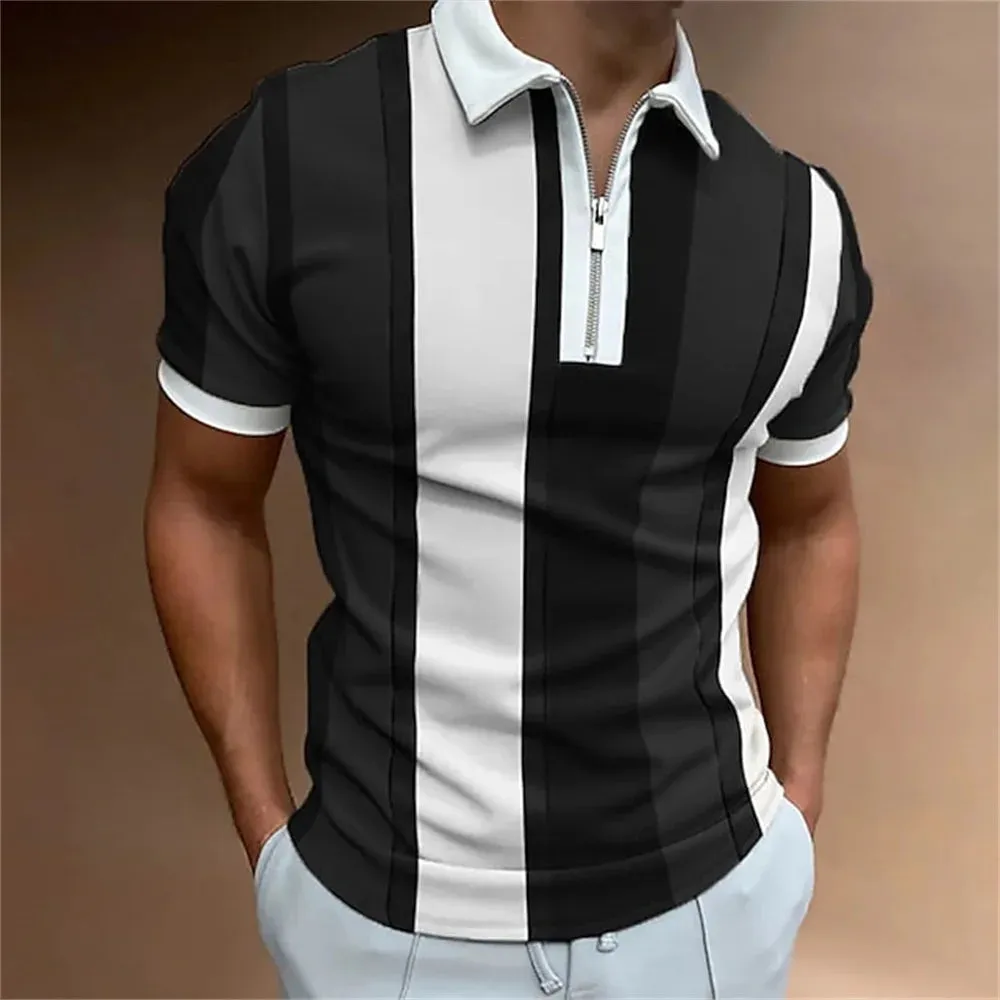 Men's Striped Short Sleeve Polo Shirt-Casual Summer Tops