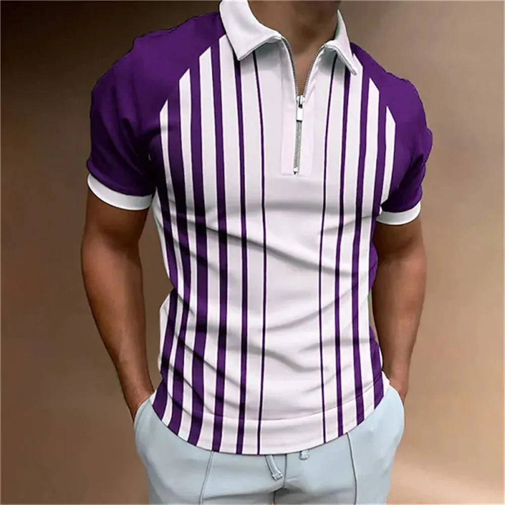 Men's Striped Short Sleeve Polo Shirt-Casual Summer Tops