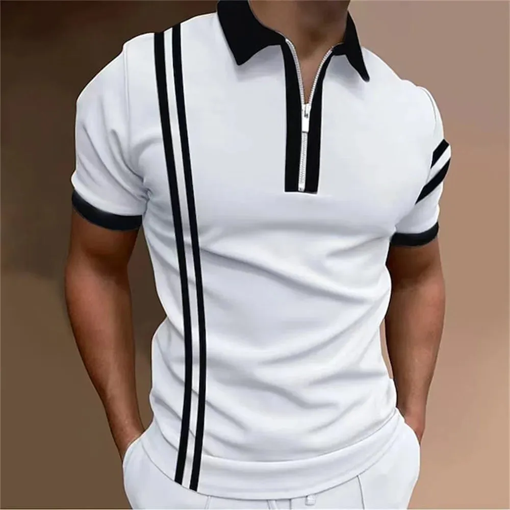 Men's Striped Short Sleeve Polo Shirt-Casual Summer Tops