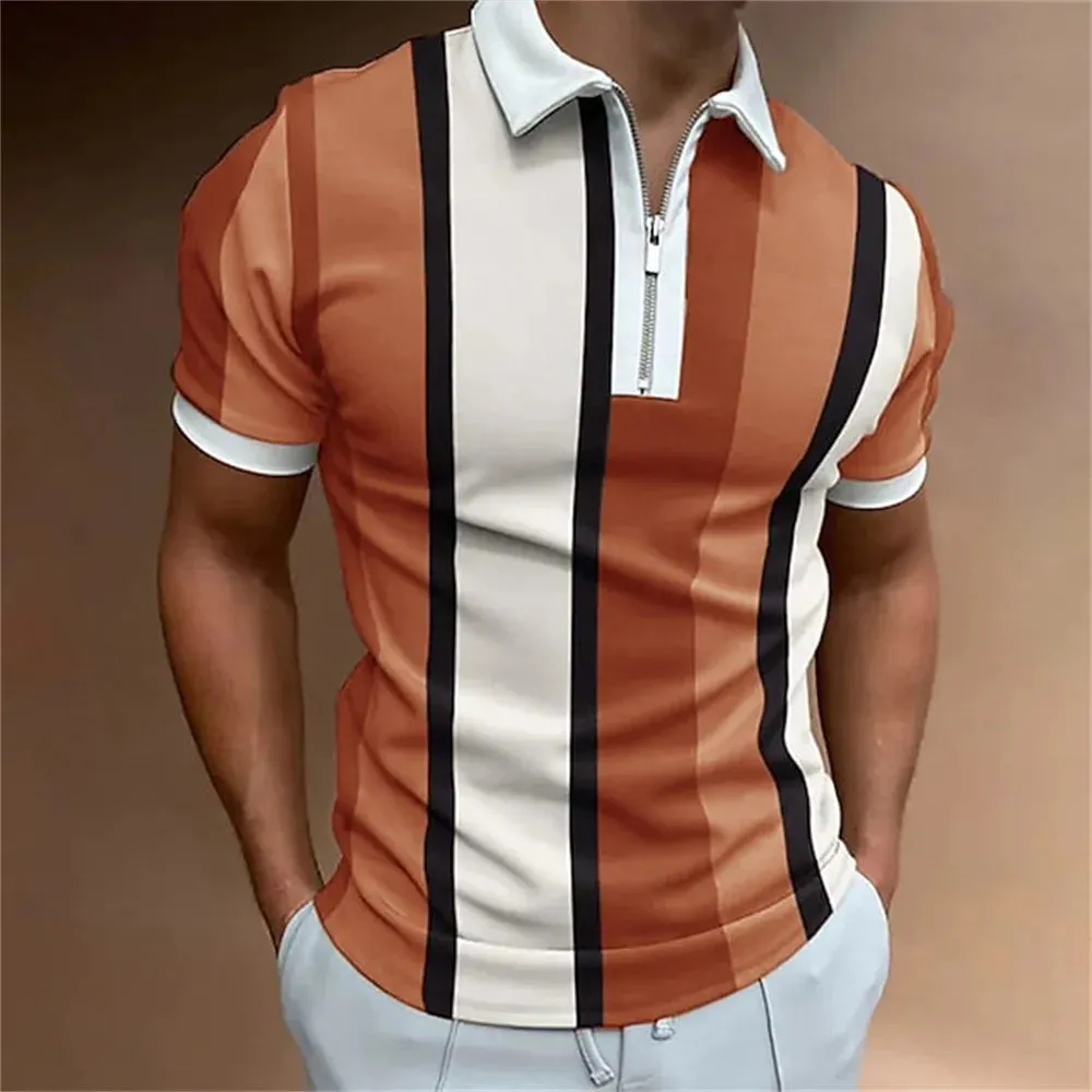 Men's Striped Short Sleeve Polo Shirt-Casual Summer Tops