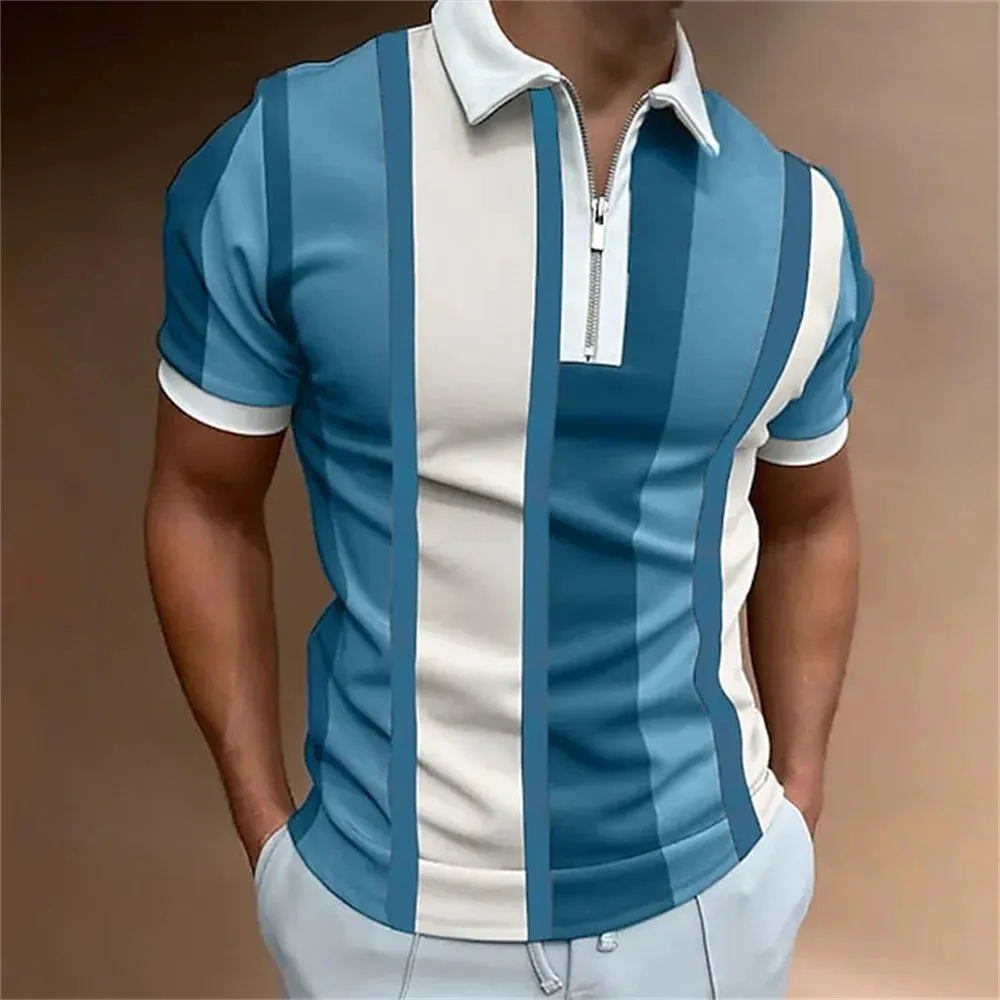 Men's Striped Short Sleeve Polo Shirt-Casual Summer Tops