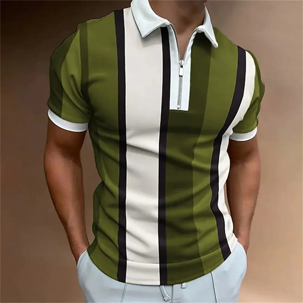 Men's Striped Short Sleeve Polo Shirt-Casual Summer Tops